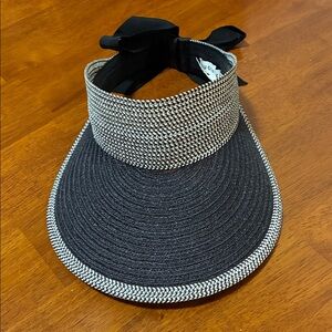 Eugenia Kim Black and White Woven Sun Visor with Ribbon Tie